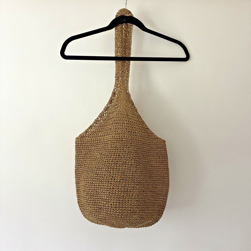 Simple Woven Hobo Purse Shoulder Bag Brown Straw Lined Boho Festival